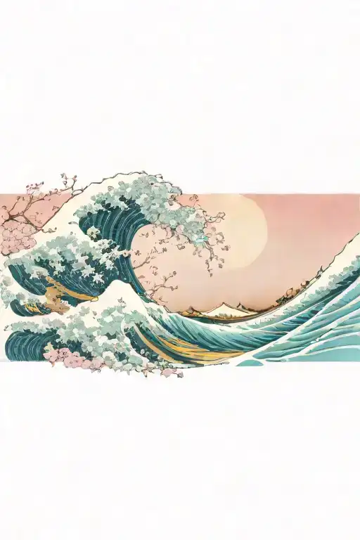 Cherry Blossoms Wrapping Around The Great Wave Off Kanagawa Against The Night Sky
