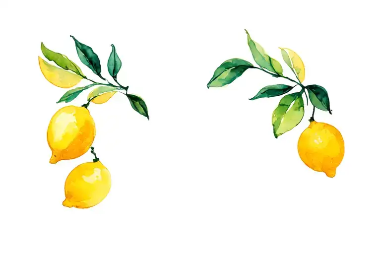 Delicate Watercolor Lemon Branch Hanging Sideways With Three Lemons And Leaves