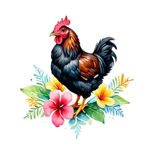 Small Black Chicken With Fluffy Feet With Small Hawaiian Flowersi Tattoo Incorporating
