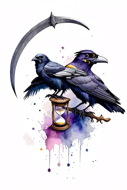 Ravens With Grim Reaper Holding A Scythe And Hourglass