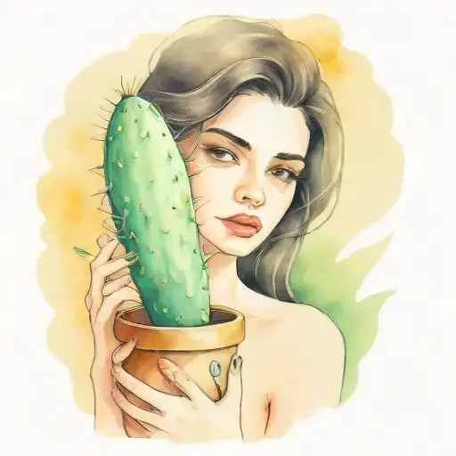 Young Dark Haired Brown Eyed Lady Holding Cactus Pot