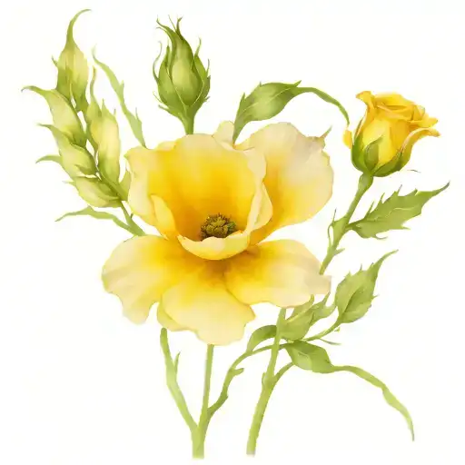 Single Poppy Flower Stems Intertwined With Single Yellow Rose