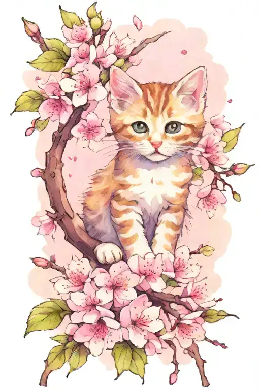 A Cute Kitten Perched On A Pink Cherry Blossom Branch
