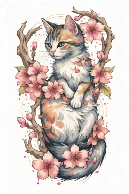 A Cherry Blossom And A Kitten Sitting