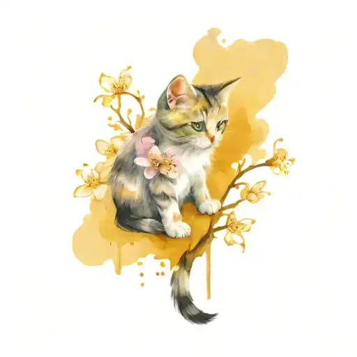 A Cherry Blossom And A Kitten Sitting