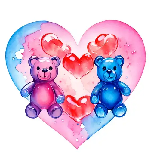 One Small Pink Gummy Bear And One Small Blue Gummy Bear Inside Of A Heart
