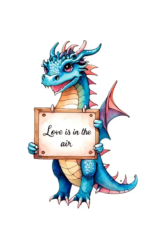 A Cute And Quirky Dragon Holding A Sign That Says 'Love Is In The Air'