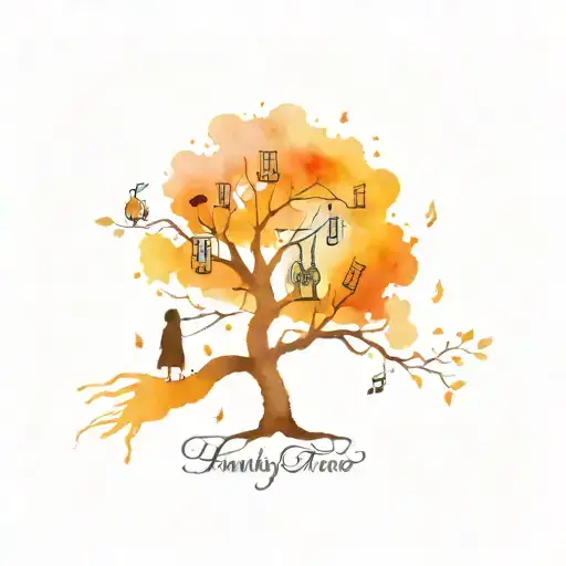 A Family Tree Tattoo With Musical Notes And Instruments Intertwined In Blackwork Style