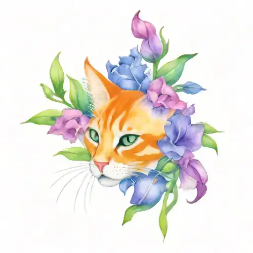 Orange Cat And Sweet Pea Flowers