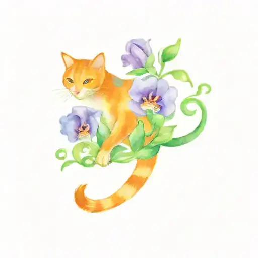 Orange Cat And Sweet Pea Flowers