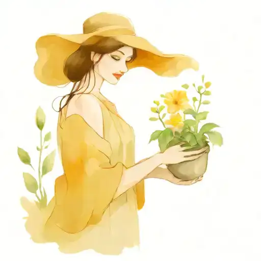 Young Dark Haired Lady Holding Flower Pot