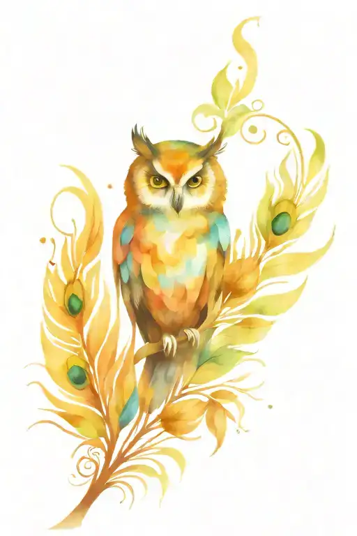 Owl Peacock Feather Intertwined