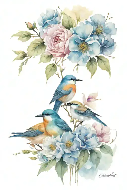 Line Of Flowers Blooming With Birds Sitting