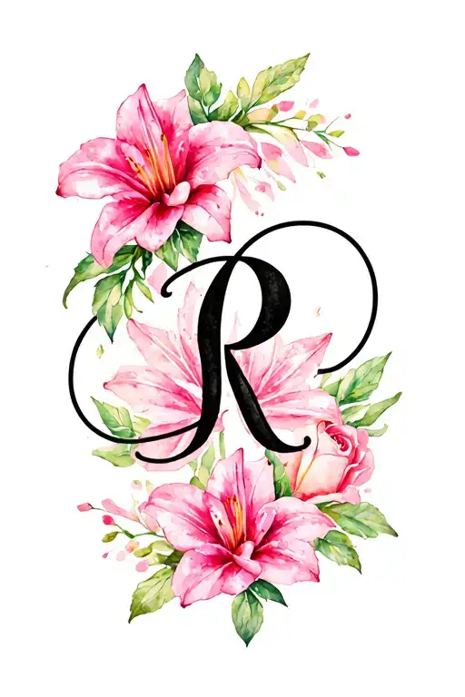 Black Cursive Letter R Surrounded By Pink Lillies And Roses