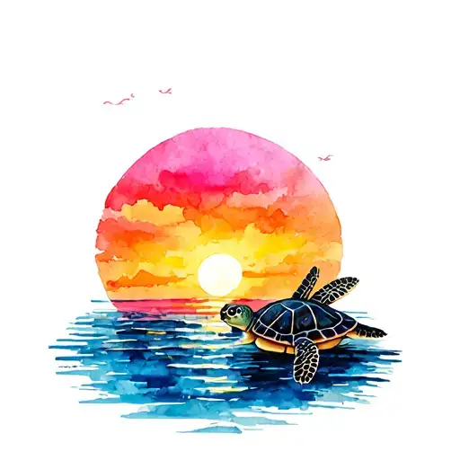 Tropical Sunset With Turtle