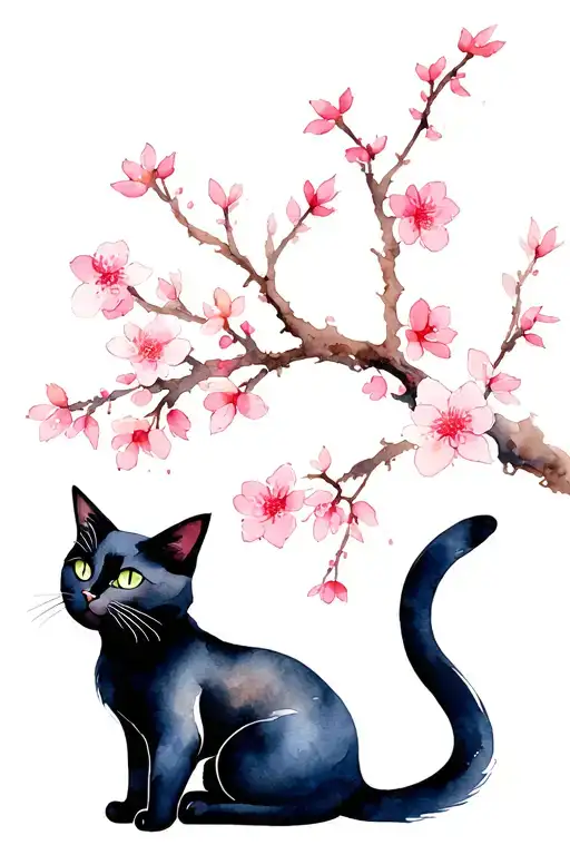 Black Cat With Cherry Blossoms