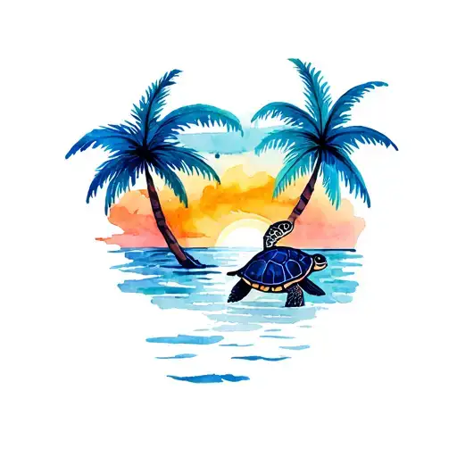 Tropical Sunset With Turtle And Palm Trees
