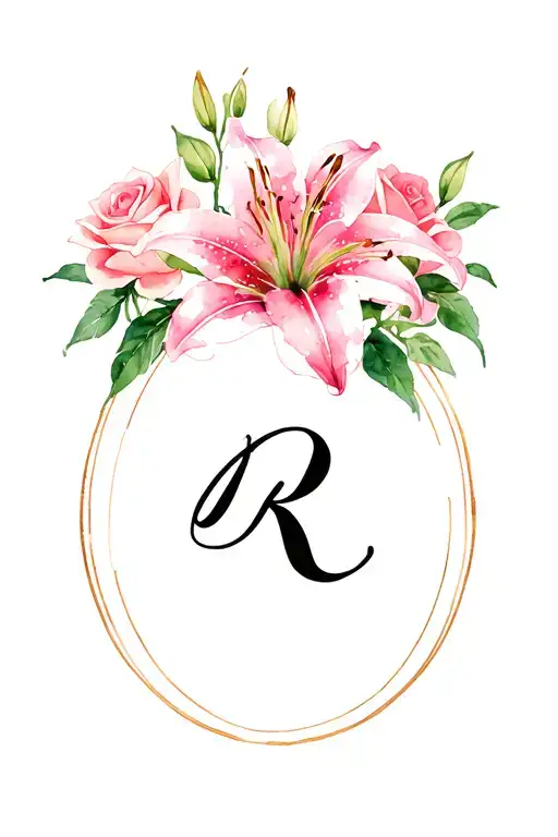 An Oval Of Pink Lillies And Roses With A Black Simple Cursive R In The Center