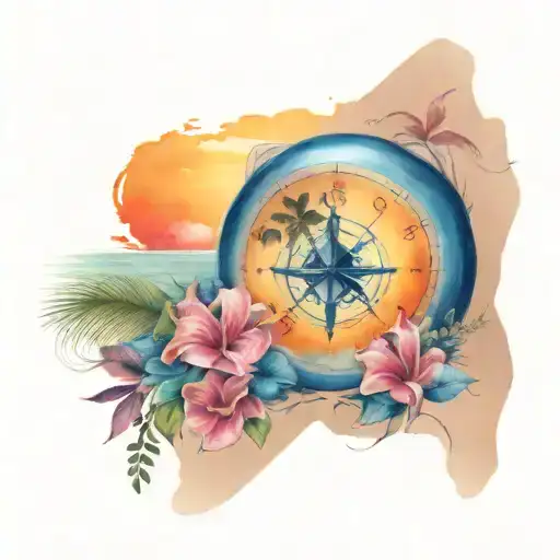 Tropical Beach Sleeve Tattoo With Anchor And Compas Amd Sunset