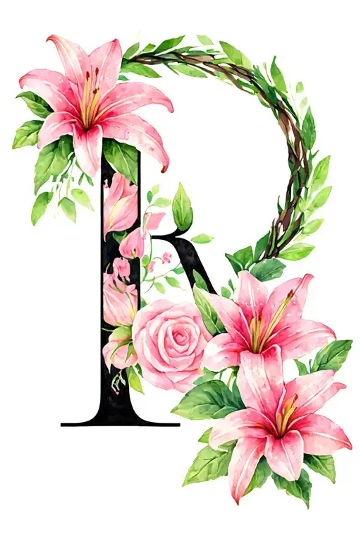 Black Letter R Surrounded By A Wreath Of Pink Lillies And Roses