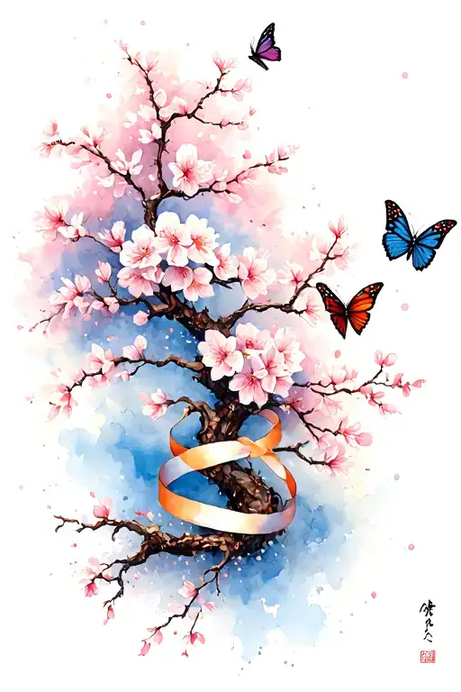 Japanese Cherry Blossom Tree Intertwined With Butterflies And Ribbons