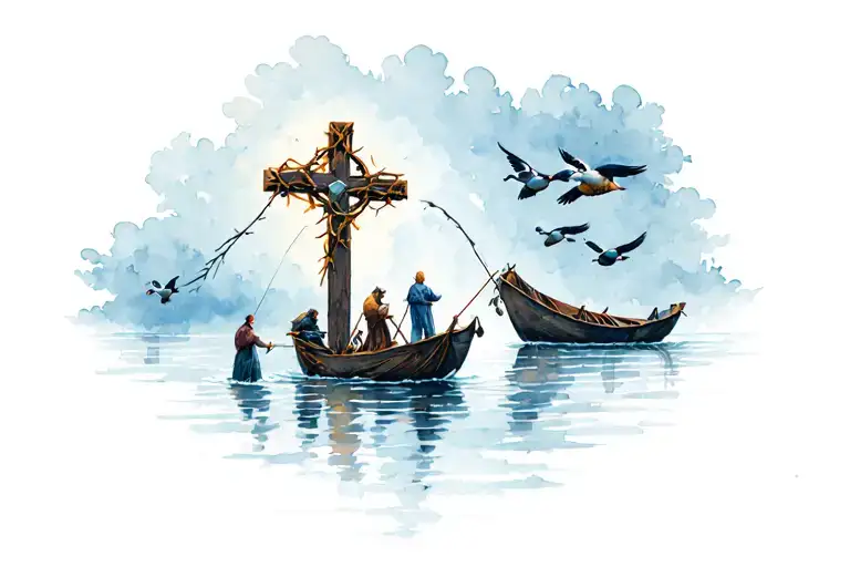 Cross With A Crown Of Thorns With Ducks Flying And A Boat With People Fishing