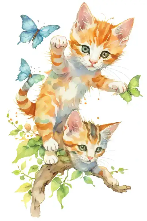 Kitten Playing With A Butterfly Flying Around An Elemental Tree