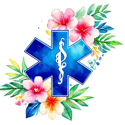 An Emt Symbol With Hawaiian Flowers On The Outside