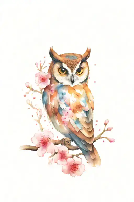 Small Owl Perched On Cherry Blossom Branch With Some Blossoms Scattered In The Wind