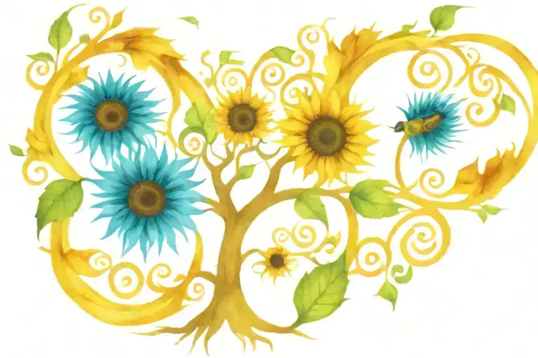 Tree Of Life Fractal With Mirrored Roots Incorporating Sunflowers