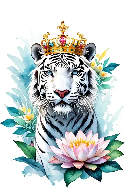 White Tiger With Crown In Flowers Lotus