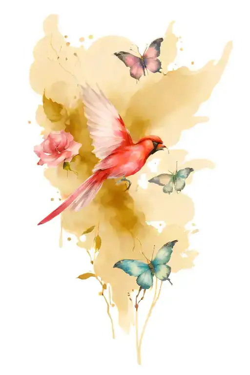 Pink Rose Blue And Purple Butterfly Cardinal Flying