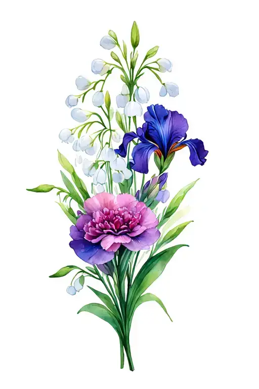 Carnation Violet Iris Honeysuckle Sweet Pea And Lily Of The Valley Bouquet