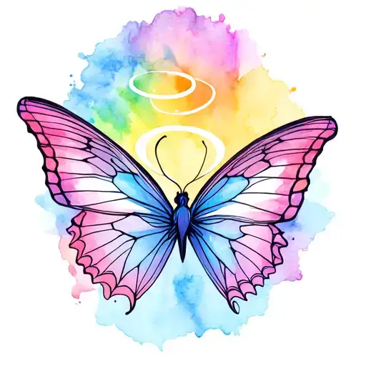Two Fine Line Butterflies With Halos And A Watercolor Rainbow Backround