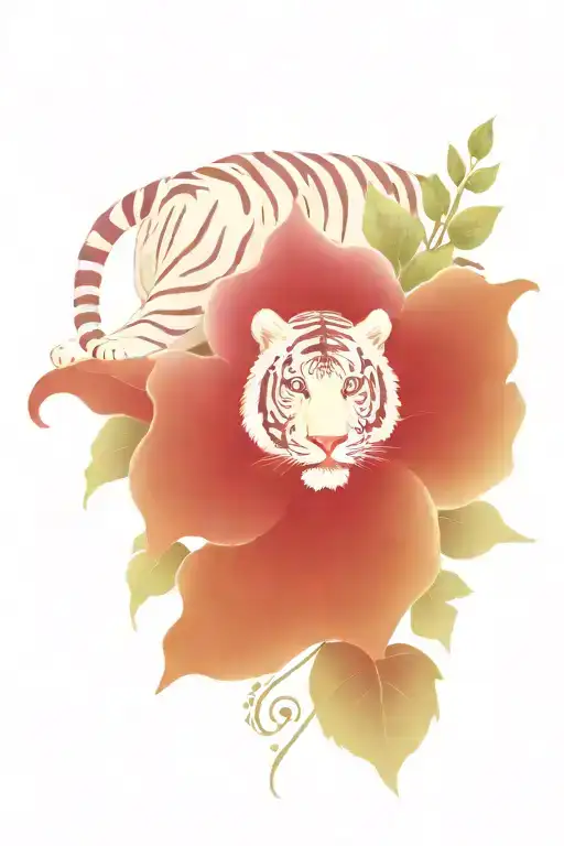 White Tiger With Green Ivy And Purple Flowers Growing