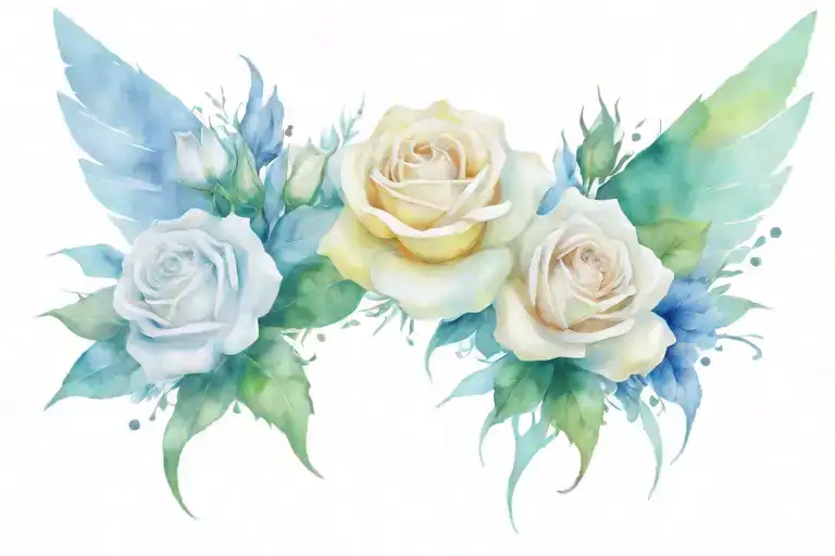 Floral Pheniox With White Roses With Wings Spread Out