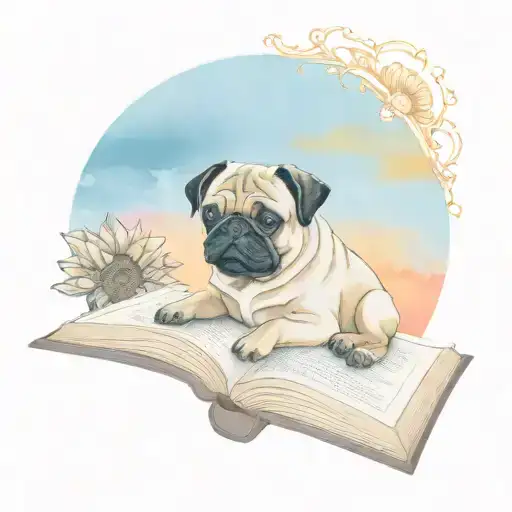 Sunflower With Sunset Sky And Pug Reading A Book