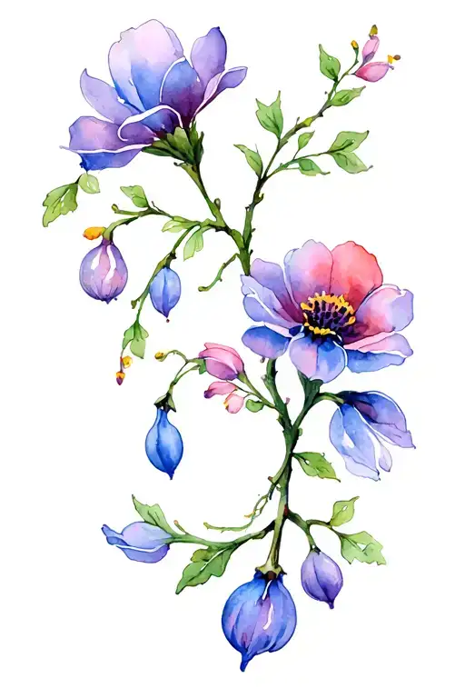 Flowers Branches With Blooming Flowers And Bulbs Intertwined In Zodiac Sign Sagittarius