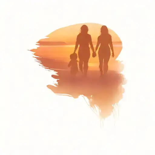 Beach Sunset With Family Holding Hands