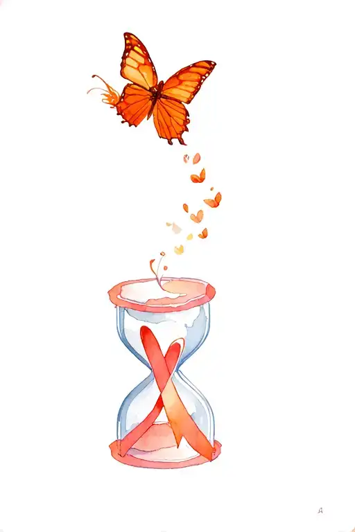 Orange Butterfly Flying Away From Empty Hourglass Containing Leukemia Awareness Ribbon