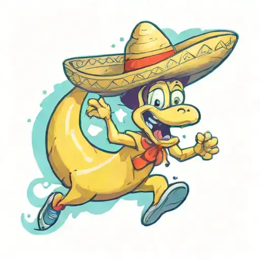 Cartoon Banana Running Wearing A Sombrero
