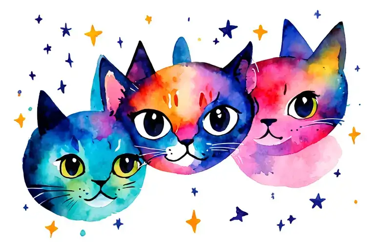 Abstract Vibrant Cute Colored Cats With Stars Scattered
