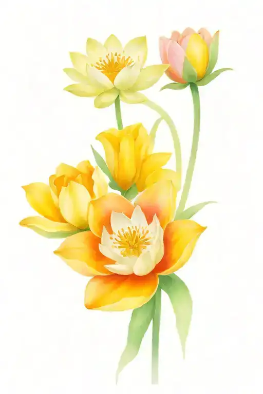 Two Water Lilies And One Daffodil Bouquet Wrapped