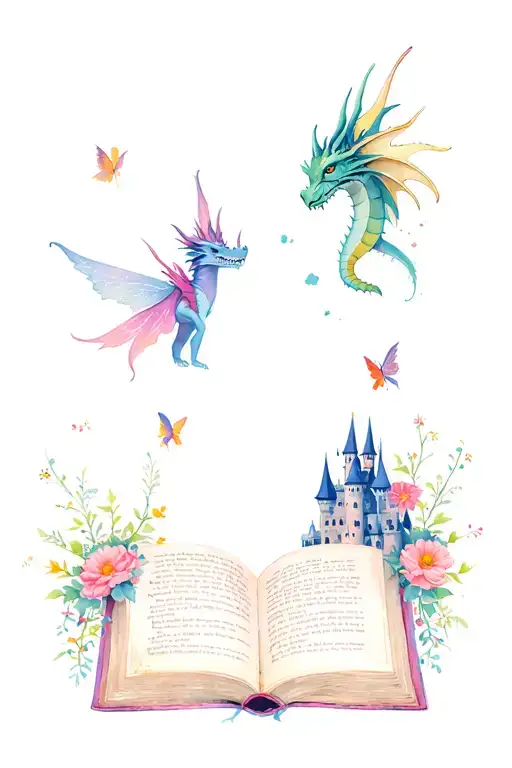 Book Open With Castle And A Dragon Flowers And Fairys