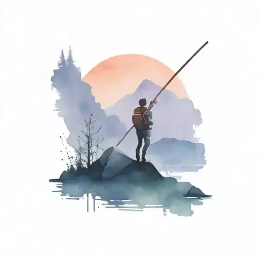Hiker With A Stick Against The Background Of Mountains And A Lake In The Distance