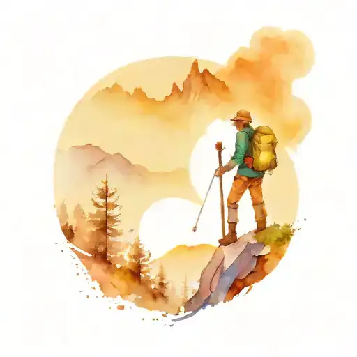 Hiker With A Stick Against The Background Of Mountains In The Distance