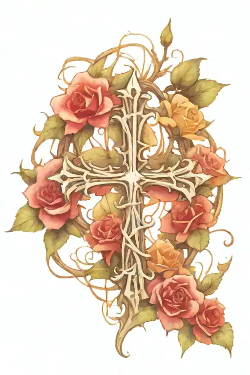 A Sketch-style Design Of A Cross Made Of Thorns With Roses Blooming Around It