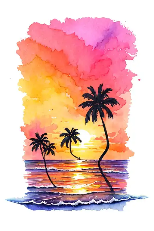 Beach Waves Palm Trees Sunset