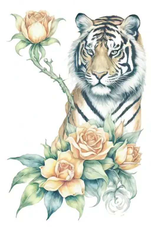 Tiger With Rose And Tulips Daffodil