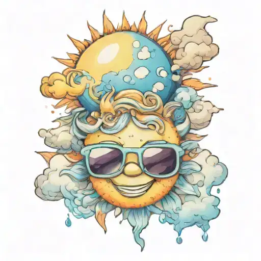 Smiling Sun Wearing Sunglasses With Friendly Cloud Friend